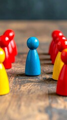 Blue leader among red, yellow team, wood