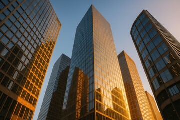 Fototapeta premium Soaring glass skyscrapers from street level perspective gleaming facades converging to sky modern city skyline at golden hour with warm reflections