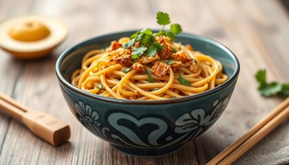 Bowl of homemade tempeh noodles, close-up shot,  tempeh,  white