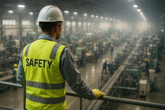 Safety inspector in high visibility gear and hard hat surveying busy production floor from catwalk industrial workplace safety concept