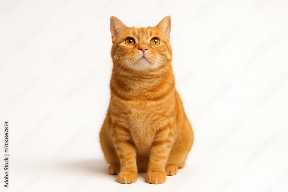 Poster curious ginger tabby cat sitting and looking up isolated on clean white seamless background with sha