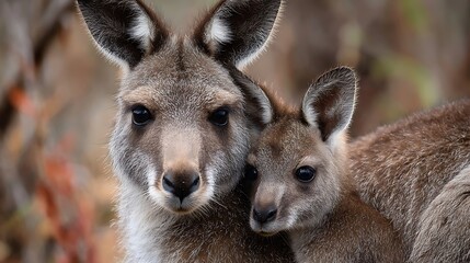 Fototapeta premium Close up portrait of wild kangaroo with baby joey in its pouch