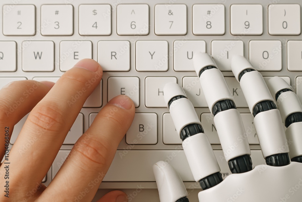 Aufkleber ai automatic task system. a human and robotic hand typing on a keyboard, symbolizing technology and 
