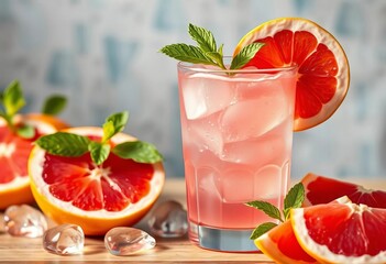 Pink grapefruit and rosewater beverage with ice cubes and mint garnish, healthy, sparkling