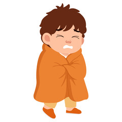 Cartoon Boy Wrapped in Blanket Feeling Cold