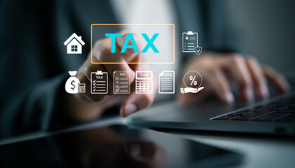 Online tax submission, financial compliance, business report concept. A businessperson submitting digital tax documents and financial reports online using modern technology for tax filing.