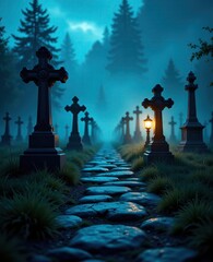 Mysterious Gothic Graveyard Pathway With Lantern at Dusk