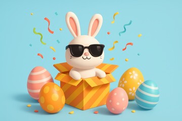 Cool Easter bunny wearing sunglasses pops from striped gift box with colorful eggs playful holiday greeting card on pastel blue with confetti and soft shadows