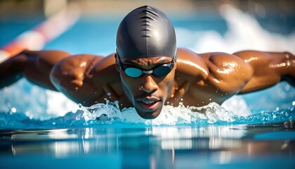 Focused male swimmer in action, butterfly stroke.