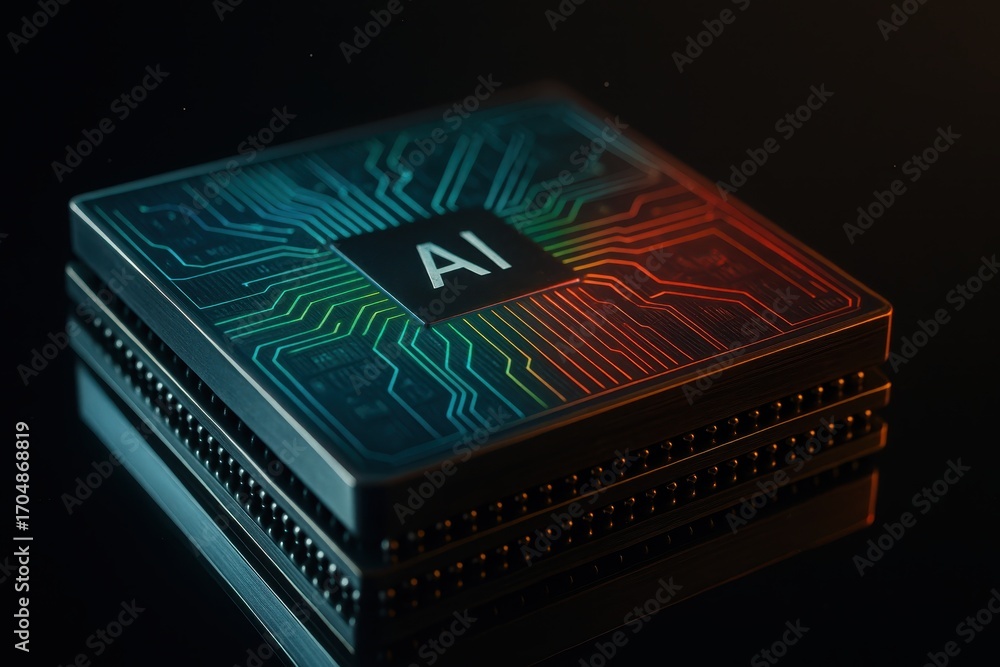 Poster next gen artificial intelligence wafer scale microchip on reflective surface with neon traces volume