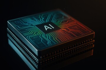 Next gen artificial intelligence wafer scale microchip on reflective surface with neon traces volumetric light macro detail precision engineering