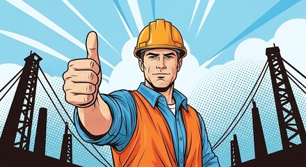 Confident Male Construction Worker Gives Thumbs Up Gesture in Hard Hat and Safety Vest, Industrial Pop Art Comic Background