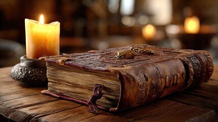 Antique book on wooden table with candlelight