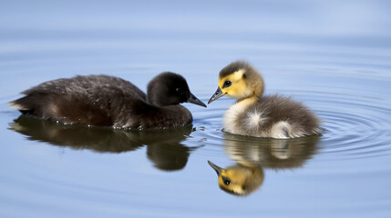 Freshly hatched chick of American coot looks at its reflection on the surface of the lake. Fulica americana, also known as a mud hen, is a bird of the family Rallidae.