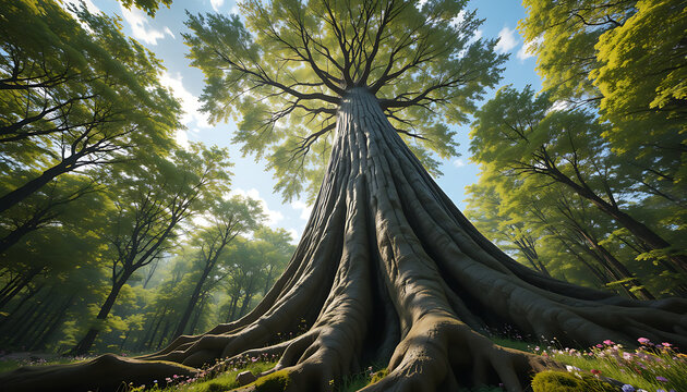 Ancient mossy roots of old trees growing in a temple forest path