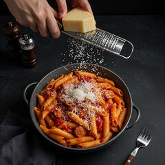 a large bowl of Spicy Tomato & Sausage Penne with a hand holding a parmesan grater and sprinkling cheese over the dish, creating a shower of flakes.