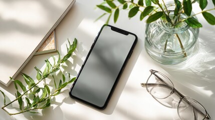 Blank screen smartphone with glasses and green plant on white table. Flatlay top view mockup