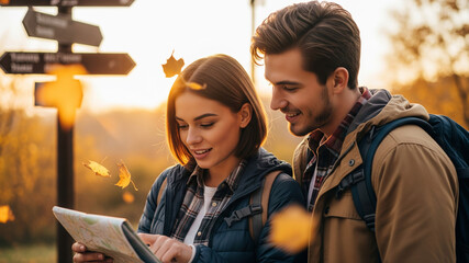 Smiling couple navigating with a map during a beautiful autumn hike at golden hour