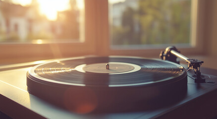Obraz premium Close up of old record player playing music, capturing warm and nostalgic atmosphere with sunlight streaming through window