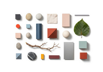 Natural and geometric elements arranged on white background