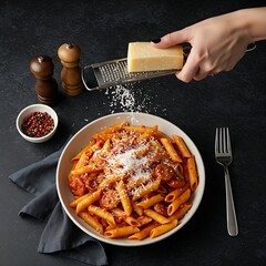 a large bowl of Spicy Tomato & Sausage Penne with a hand holding a parmesan grater and sprinkling cheese over the dish, creating a shower of flakes.
