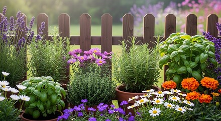 A vibrant collection of potted herbs and flowers like lavender, basil, and daisies in a beautiful summer garden with a wooden fence