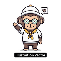 Cute Monkey Character Illustration with Hat and Glasses, Expressing Love in Cartoon Style