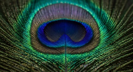 Close-up of Vibrant Peacock Feather Showing Blue Green and Gold Colors with Intricate Pattern