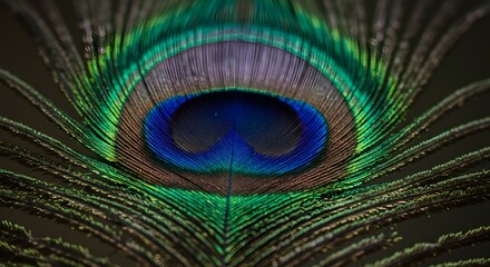 Naklejka premium Close Up of Vibrant Peacock Feather with Bright Blue Green and Brown Colors in Macro Style