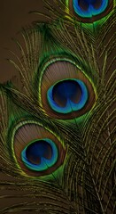 Vivid Peacock Feathers with Iridescent Green Blue Eye Pattern on Brown Background
