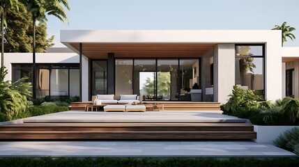 Serene modern villa exterior with spacious patio and lush tropical landscaping showcasing