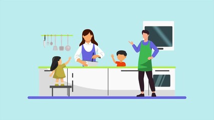 Animated video of goal family cooking. Cooking family concept. Full length animated illustrations. High quality 4k footage