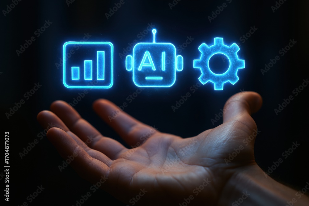 Poster ai automatic task system. a hand holding glowing icons representing data, ai, and technology concept