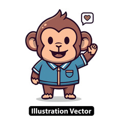 Cute cartoon monkey waving hello with a heart bubble above its head, illustration