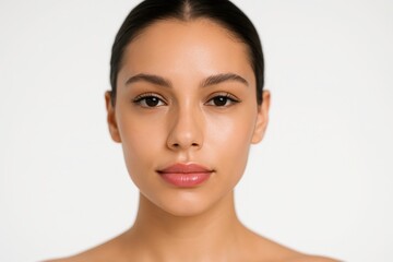 Fototapeta premium Studio beauty portrait of confident woman with dewy luminous skin natural makeup gentle smile hair behind ears clean background high key lighting