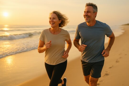 Happy midlife couple running along sunrise beach fitness lifestyle vitality and relationship goals with ocean waves and golden sky