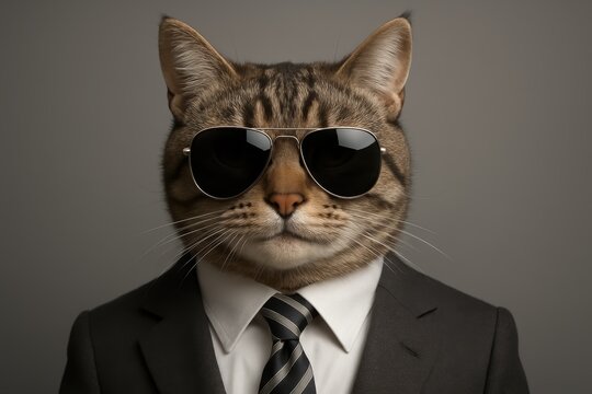 Stylish anthropomorphic cat in tailored suit with tie and aviator sunglasses confident feline executive portrait with playful attitude on clean studio backdrop