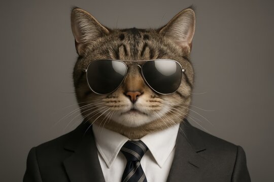 Stylish anthropomorphic cat in tailored suit with tie and aviator sunglasses confident feline executive portrait with playful attitude on clean studio backdrop