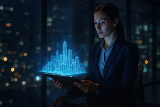 Confident female architect presenting smart city hologram above digital tablet in glass office at night real estate investment and fintech innovation