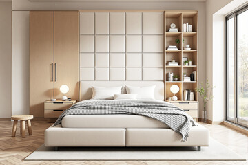Modern minimalist bedroom interior with soft tones, wood accents, and cozy textures in natural daylight, showcasing elegant architecture and decor elements. Ai generative