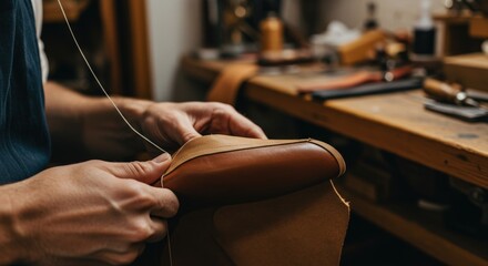 Artisan Hands Sewing Leather Crafting a Leather Product.