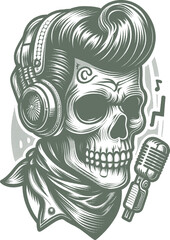 Rockabilly Skull Vector Vintage Tattoo and Retro Music Style Illustrations