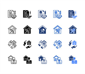Contract, Mortgage, Home repair, Property agent, multiple style icon set.