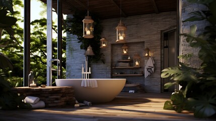Serene outdoor bathroom retreat with ambient lighting and natural stone texture evokes tranquility