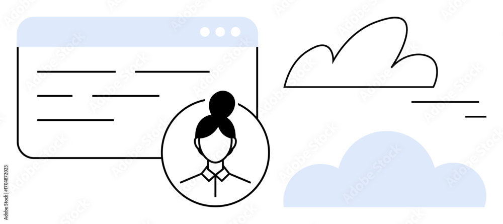 Aufkleber user profile avatar in a circle, browser window with text lines, and abstract cloud graphics. ideal 