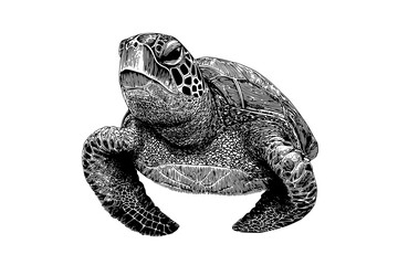 Fototapeta premium a detailed, stylized drawing of a sea turtledraw, drawing, green, illustration, sea, sea turtle, turtle, white 