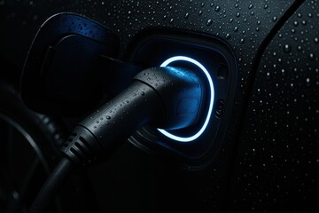 Close up of fast charging CCS connector locked into electric vehicle at modern station with blue LED glow and raindrops at night