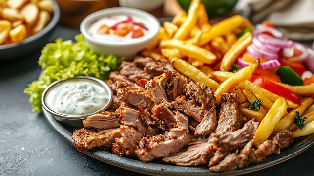 Closeup doner kebab meat with fries salad and yogurt dip sauce