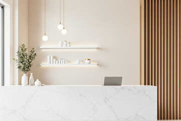Minimalist reception interior with marble counter, pendant lighting, and wooden slat wall in modern clean aesthetic style for elegant design concepts. Ai generative