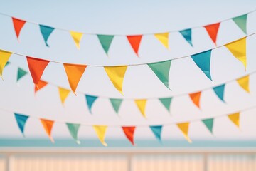 Obraz premium Vibrant summer bunting fluttering above sunny boardwalk and sea with pastel sky minimal festive background with copy space for text